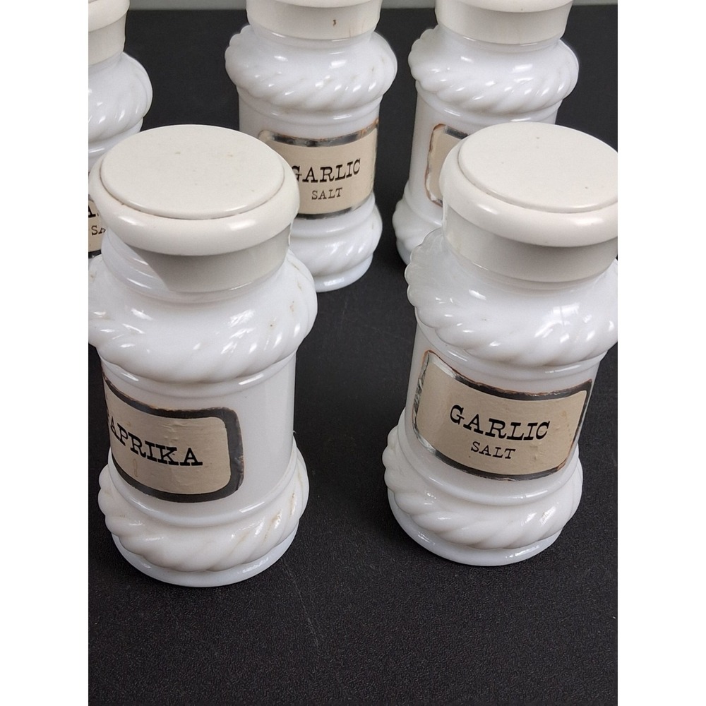 Vintage White Milk Glass Spice Apothecary Jars 3 1/2" Colonial Style Lot of 7 - Picture 10 of 11